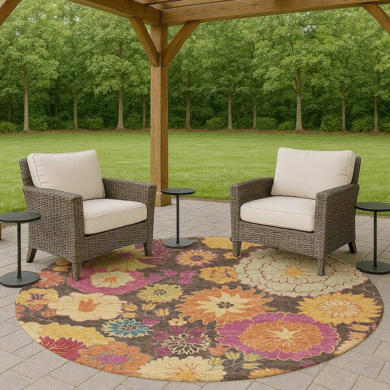 Machine Washable Indoor/ Outdoor Modern Floral Chantille Rug - Chocolate - 8' x 8'