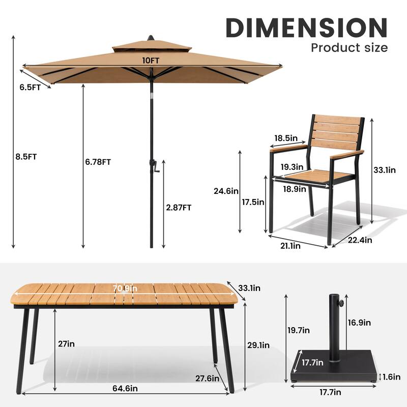 9-Piece Outdoor Dining Set Aluminum Table and Stackable Armchairs with Umbrella and Base