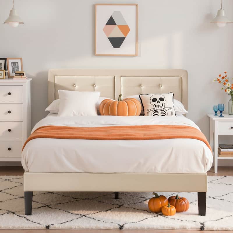 VECELO Bed Frame with Adjustable Headboard Upholstered Button Tufted Platform Bedframe with Wood Slats Support