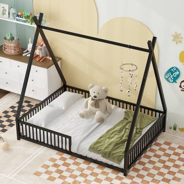 slide 2 of 12, Metal Full Size House Platform Bed with Triangle Structure & Guardrail, Black Black