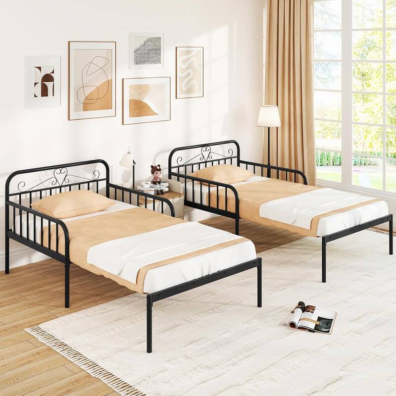 Metal Twin Bed Frame Convertible Sofa Bed w/ Headboard & Armrests