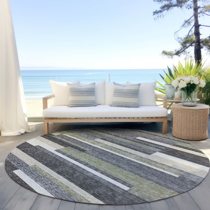 Machine Washable Indoor/ Outdoor Chantille Contempory Stripe Rug - Charcoal - 8' x 8'