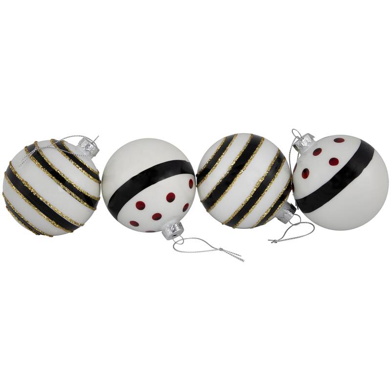 4 Shiny White Black Striped Christmas Glass Ball Ornaments 3" 80mm