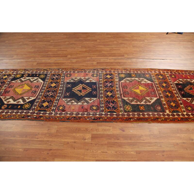 Tribal Anatolian Turkish Vintage Runner Rug Hand-Knotted Wool Carpet - 3'4"x 11'3"
