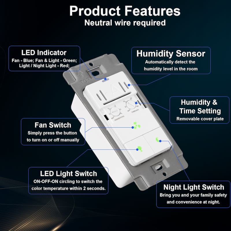 Single Pole Dimmer Switch for Led Light and Bathroom Fan