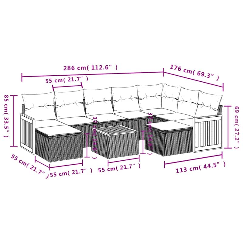 vidaXL Patio Sofa Set with Cushions Outdoor Conversation Furniture Poly Rattan - 21.7 x 21.7 x 14.6 in