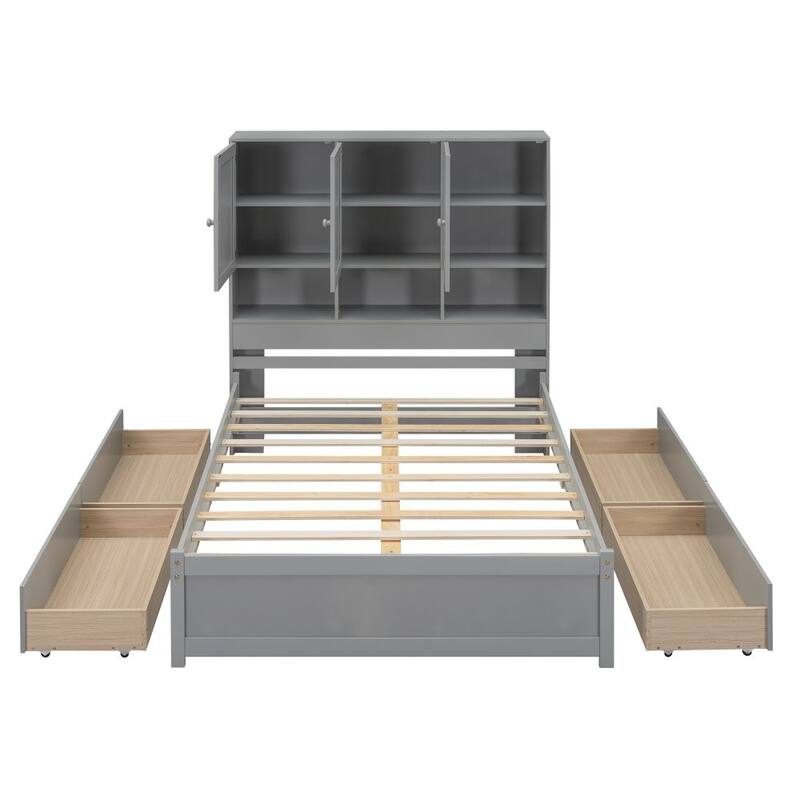 Wood Platform Bed with Storage Headboard and 4 Drawers