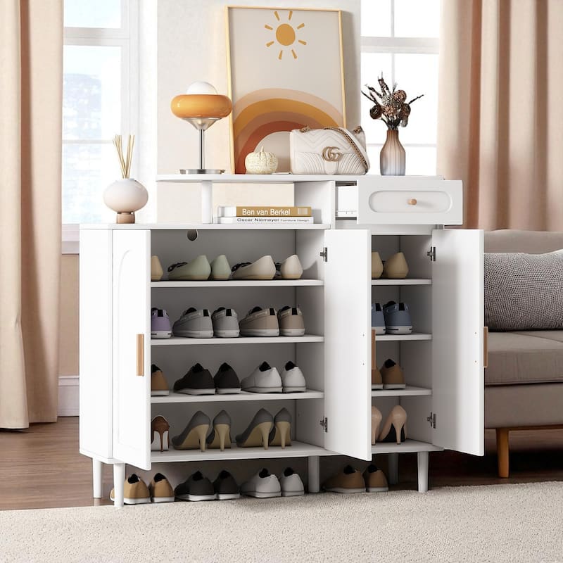 Elegant Entryway Shoe Storage Cabinet with Arched Doors & Drawer, Adjustable Shelves, Solid Wood Legs