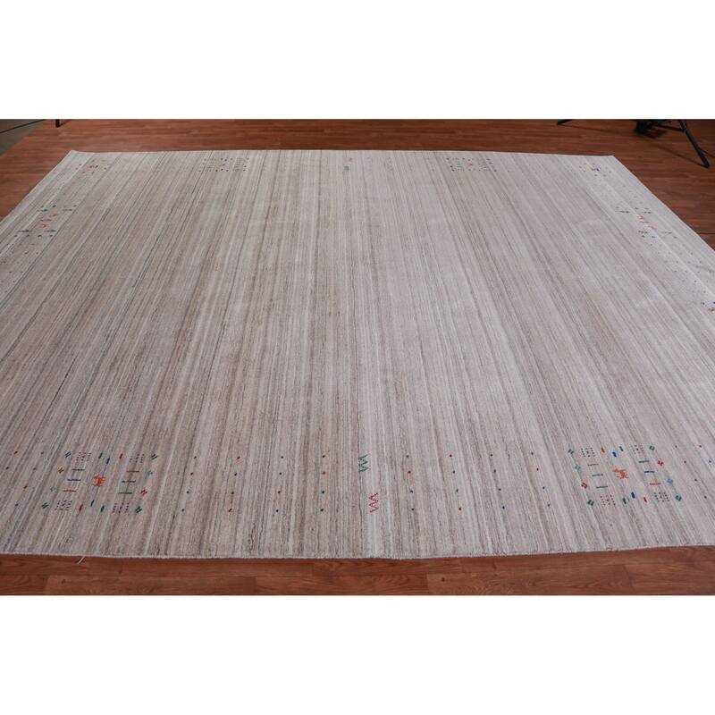 Hand Knotted Oriental 100% Wool Carpet Tribal Stripe Beige & Ivories Gabbeh Area Rug - 12' 7'' X 9' 2''