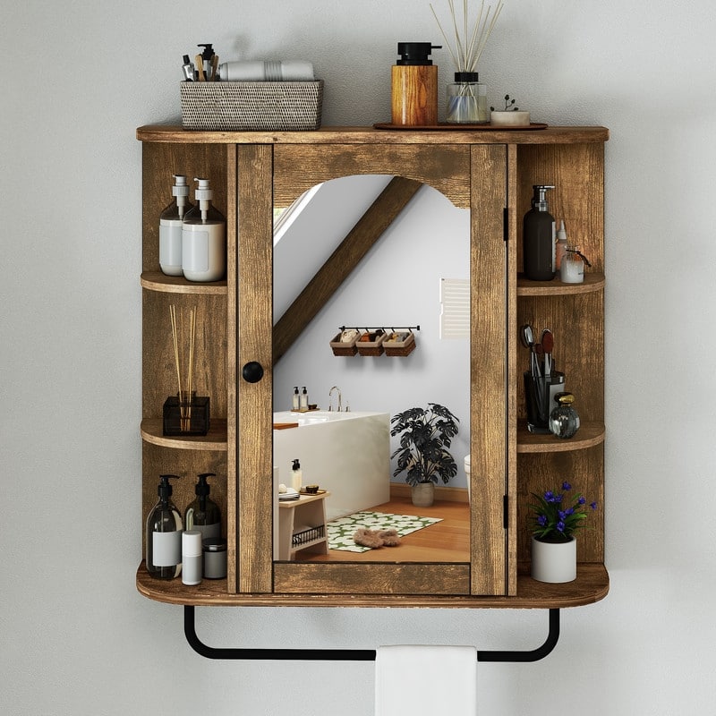 Wall Mounted Bathroom Medicine Cabinet with Mirror Door and Removable Shelf - Brown