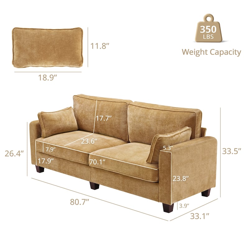 81" Modern Corduroy 3 Seater Sofa, Polyester Rectangle Upholstered Sofa with Wood Base for Living Room - 81"W X 33"D X 26"H