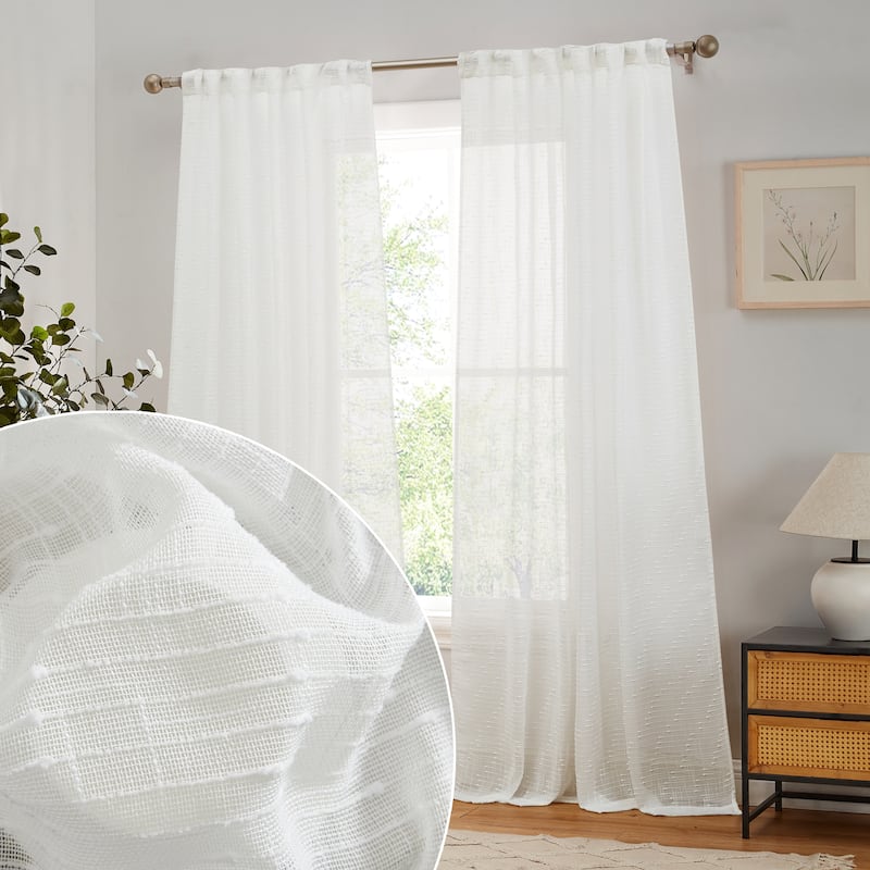 HLC.ME Emily Faux Linen Semi Sheer Transparent Rod Pocket Back Tab Lightweight Window Curtains Wide Panels, Pair - 54 W x 84 L - White