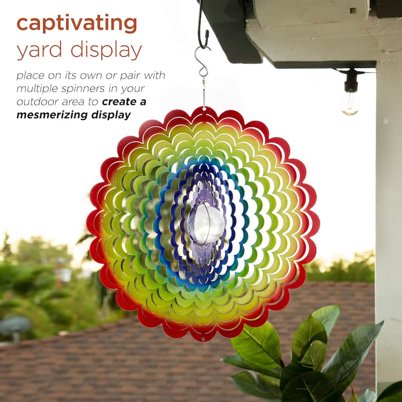 Alpine Corporation 12" Round Outdoor Hanging Rainbow Flower Metal Planet Wind Spinner with Clear Glass Ball