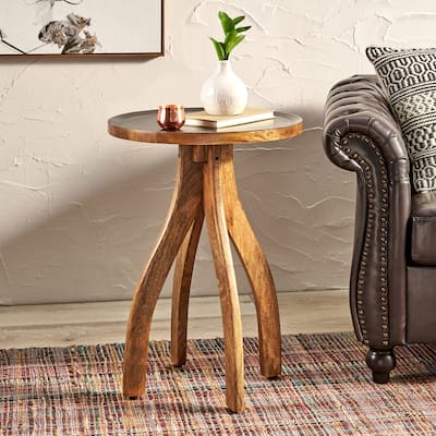 Roomfitters Solid Wood Round End Table with Sculptural Tripod Legs, Accent Side Table for Living Room, Wood