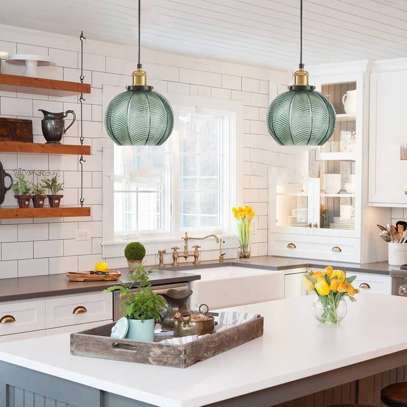 2 Light bulbs light green kitchen lights aluminum, glass, iron, metal pendant light