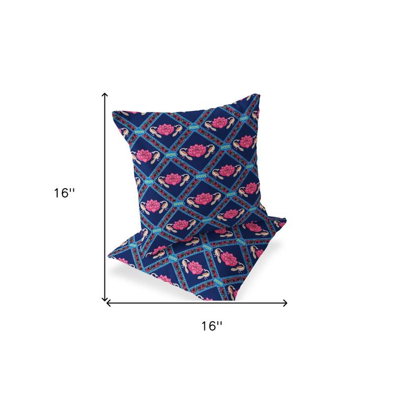 HomeRoots Set of Two 16" X 16" Blue and Pink Peacock Blown Seam Floral Indoor Outdoor Throw Pillow - 16.00' X '16.00' X '5.00