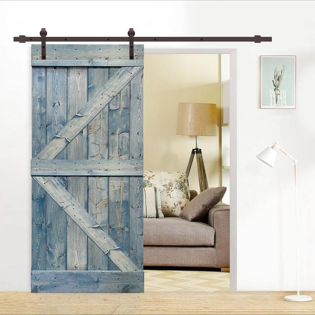 CALHOME K Series Stained Wood Sliding Barn Door with Hardware Kit - Denim Blue - 36 x 84