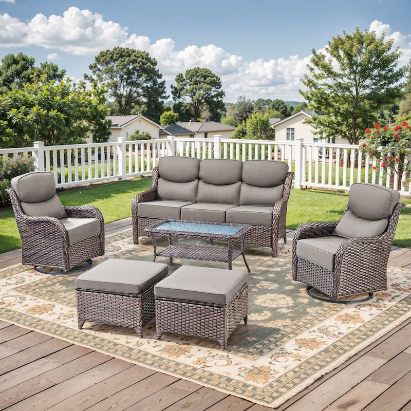 Outdoor Sofa with 6-Inch Thick Cushions Furniture for Porch - Brwon Wicker Grey Cushion - 6PCS Sofa w/ Swivel Chair Table Ottoman