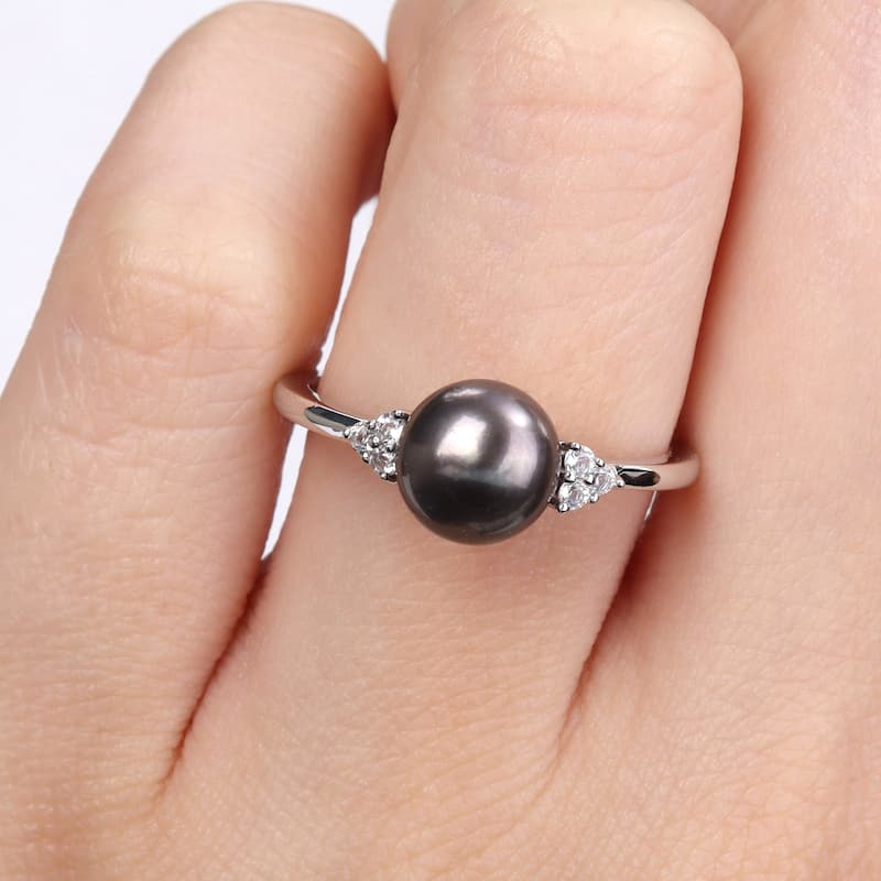 Miadora 7.5-8mm Black Cultured Freshwater Pearl and 1/5ct TGW White Topaz Cocktail Ring in Sterling Silver