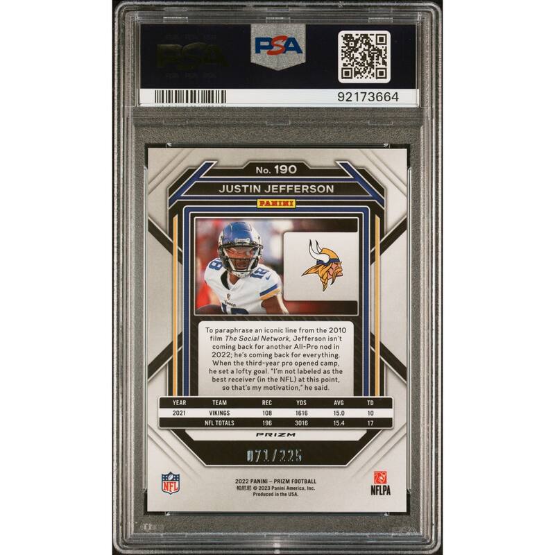 Justin Jefferson 2022 Panini Prizm Purple Ice Football Card #190 Graded PSA 10 71/225 - 190