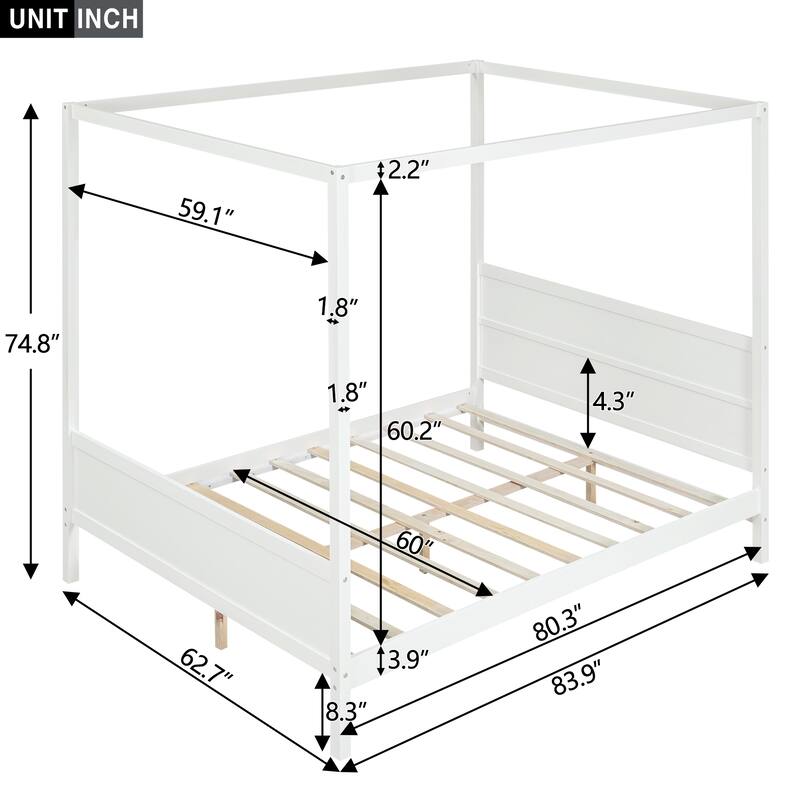 Queen Pine Canopy Platform Bed with Slat Support