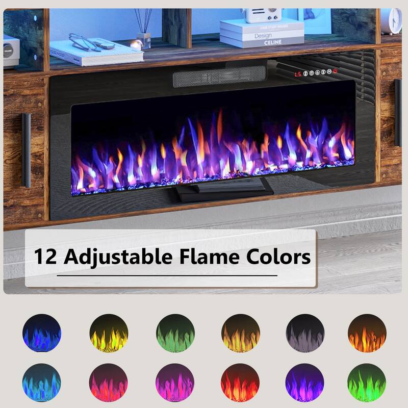 BOSSIN 80" Floating TV Stand with 36" Electric Fireplace, High Gloss Finish Wall Mounted Fireplace TV Stand with Storage