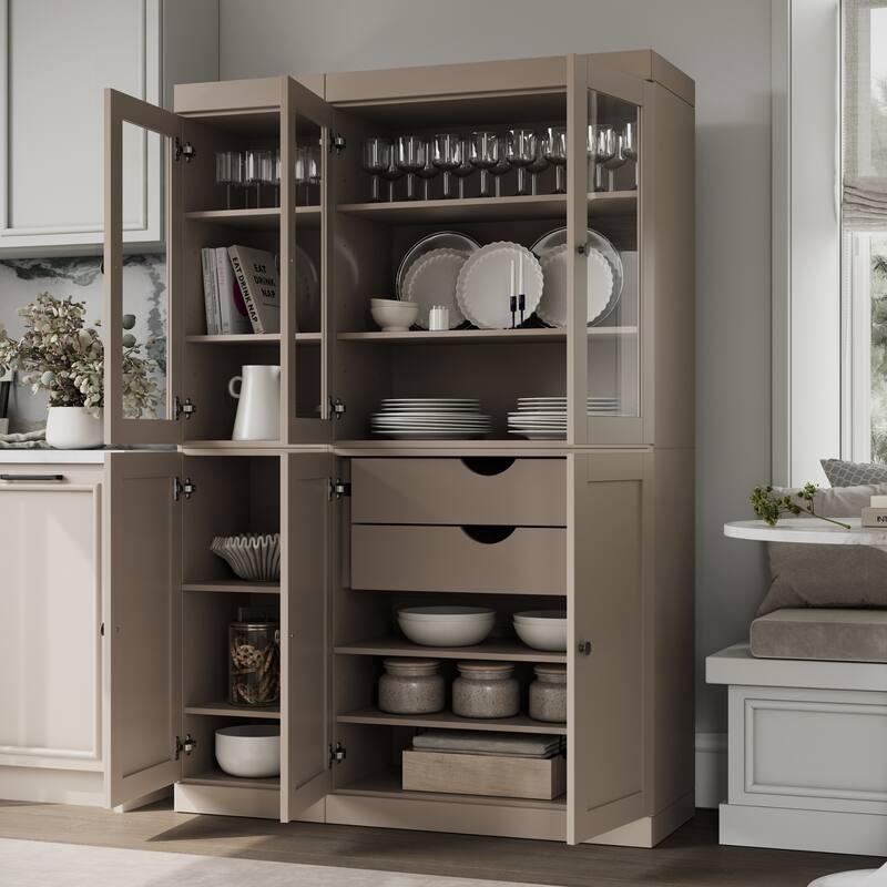 Palace Imports 100% Solid Wood 48.5" Pantry Cabinet with Clear Glass, Shaker Doors, 2-Drawers and Adjustable Shelves - Beige