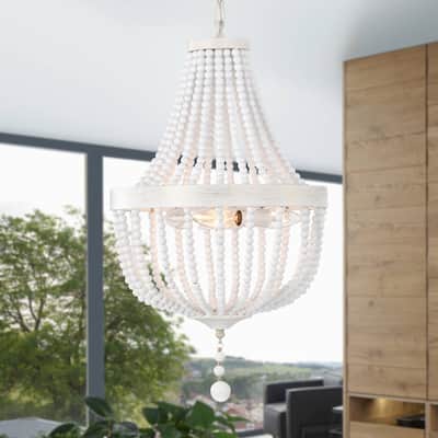 White Wood Beaded Chandeliers Boho Light Fixture for Dining Room Foyer