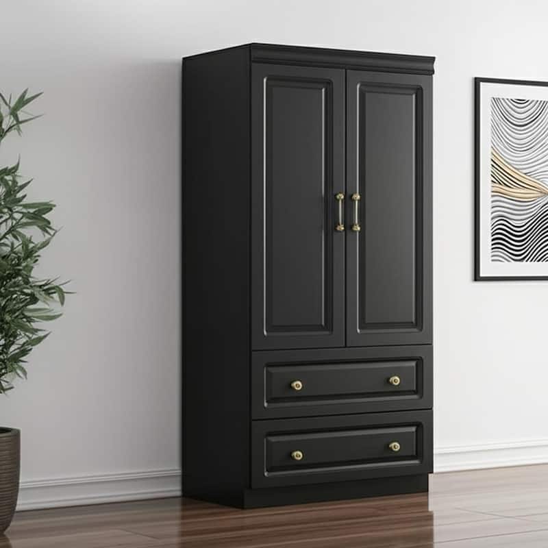 HomeRoots 71" Black Wood Two Door Two Drawer Combo Dresser - Black - 2-drawer