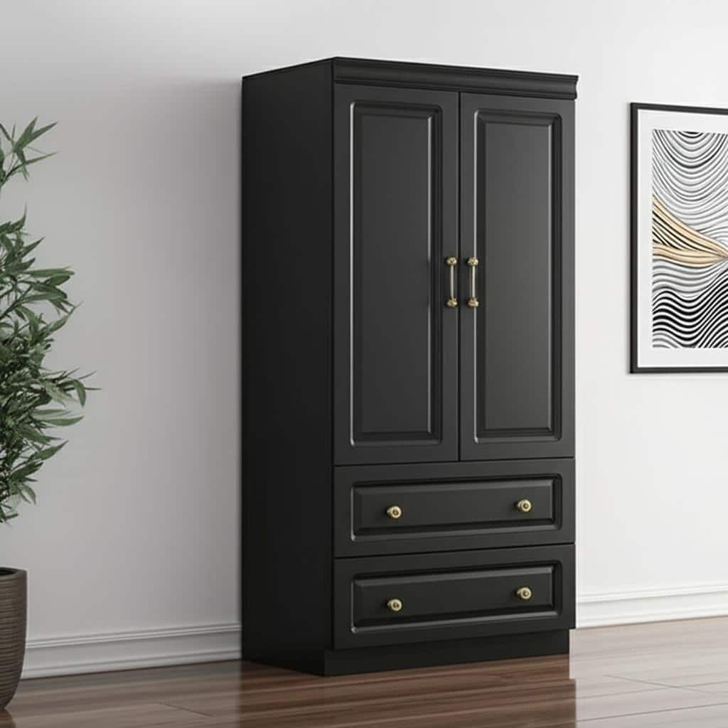 HomeRoots 71" Black Wood Two Door Two Drawer Combo Dresser