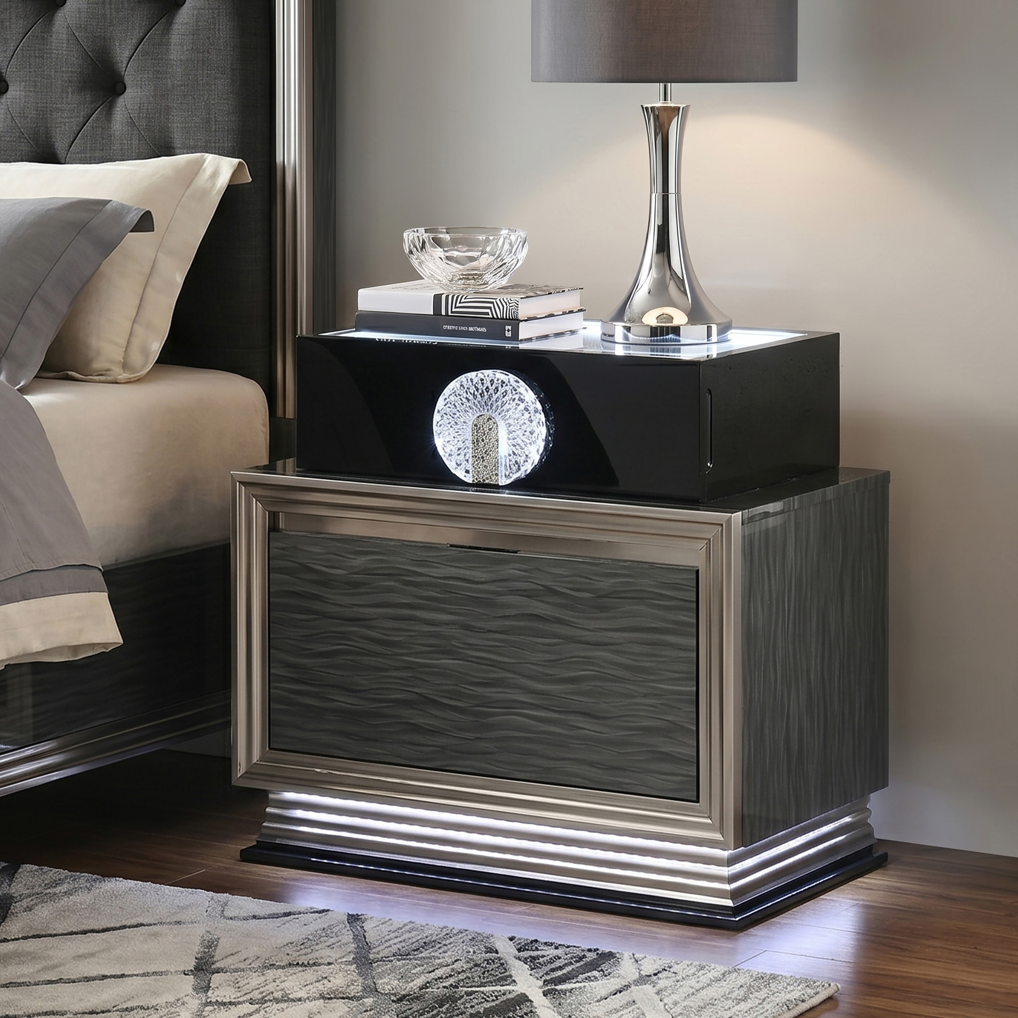 Furniture of America Elvor Modern Charcoal Grey and Black Wood 2-Drawer Nightstand with LED Light
