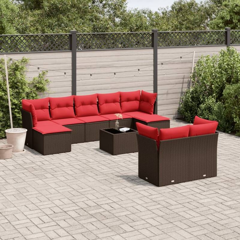 vidaXL 9/10 Piece Patio Sofa Set with Cushions Black/Brown/Gray Poly Rattan - 21.7 x 24.4 x 27.2 - Brown and red With table