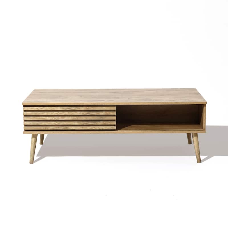 Mid-Century Modern Rectangular Coffee Table with Storage and Solid Wood Legs - 16.3" H x 46.9" W x 23.2" D
