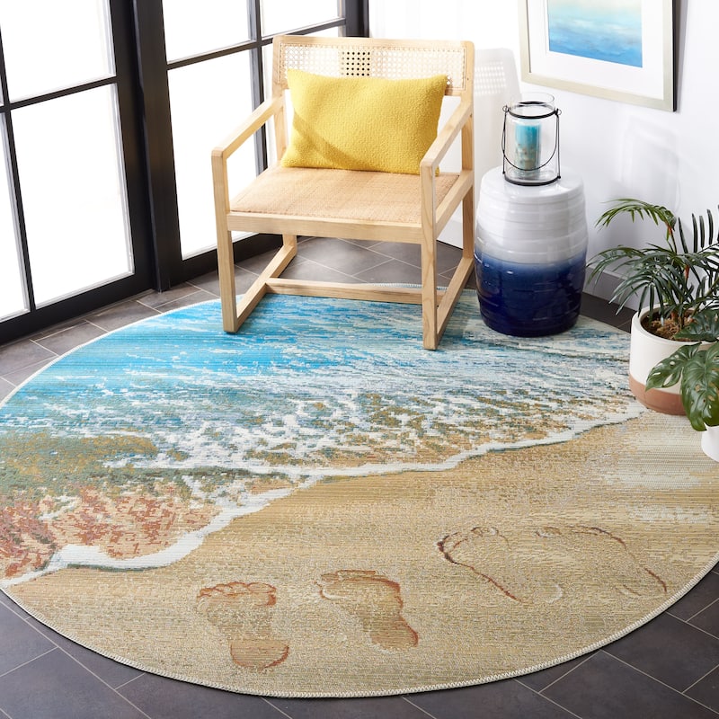 SAFAVIEH Barbados Bukurie Tropical Indoor/ Outdoor Waterproof Patio Backyard Rug - 6'6" Round - Gold/Blue