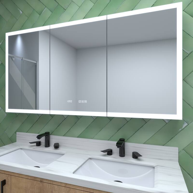 GDFStudio - Delmar Modern Aluminum LED Lighted Medicine Cabinet with Mirror Anti Fog and Digital Clock