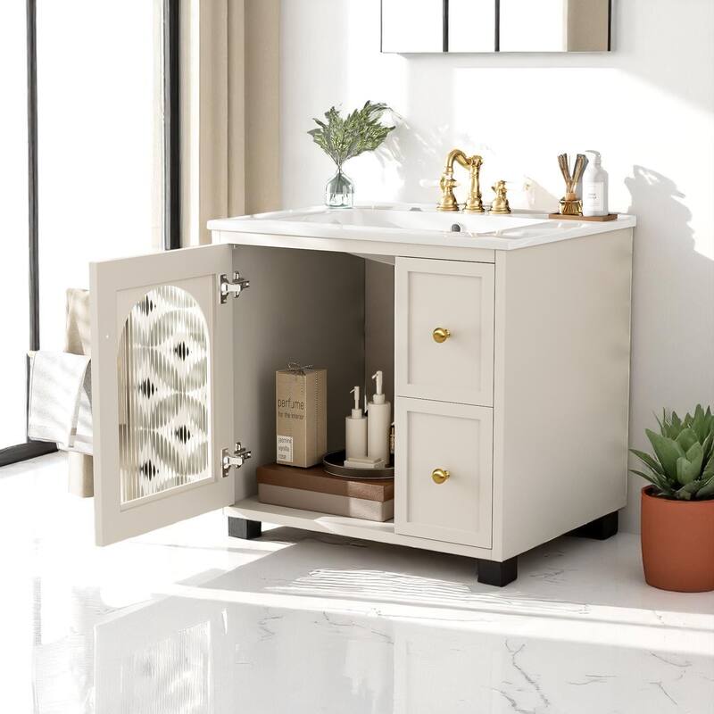 24" Wall-Mounted Bathroom Vanity with Ceramic Sink, 2 Drawers & Glass Door Cabinet, Modern Floating Design for Small Spaces