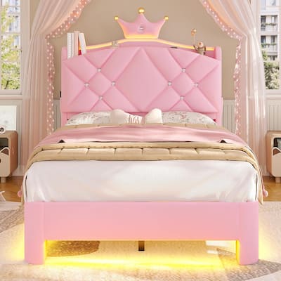 Princess Upholstered Bed with Headboard Charging Station Crystal Button Crown