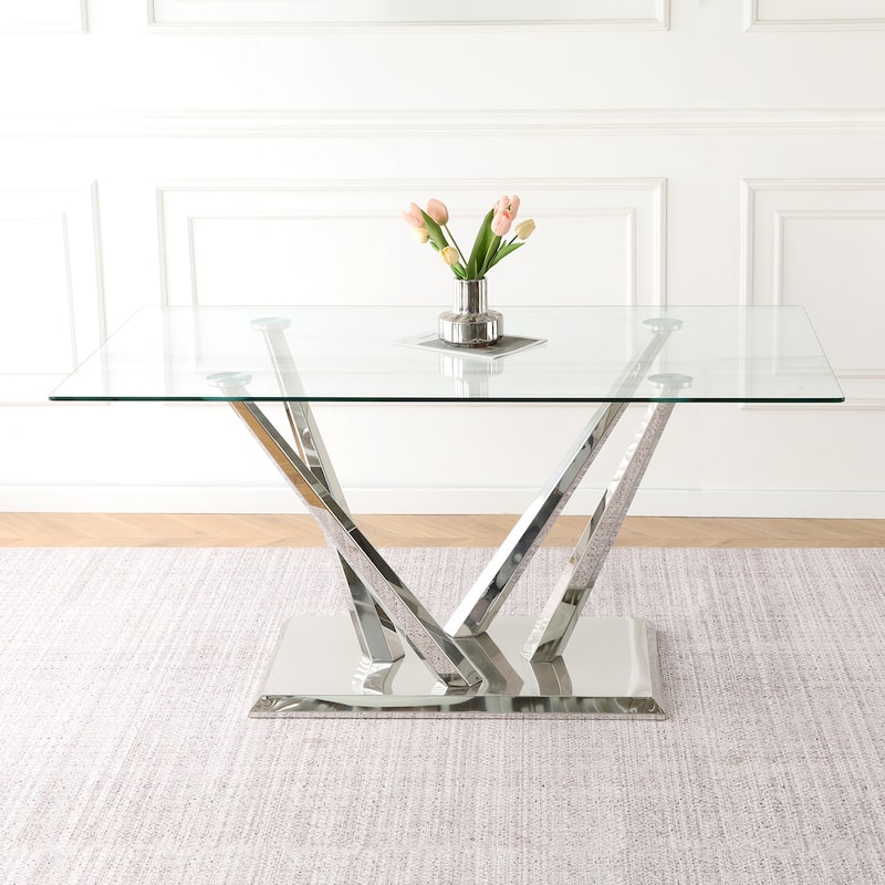 63" Glass Dining Table Set for 4, 5 Piece Dining Table and Chairs Set, Rectangular Table with 4 Faux Leather Chairs & Metal Legs