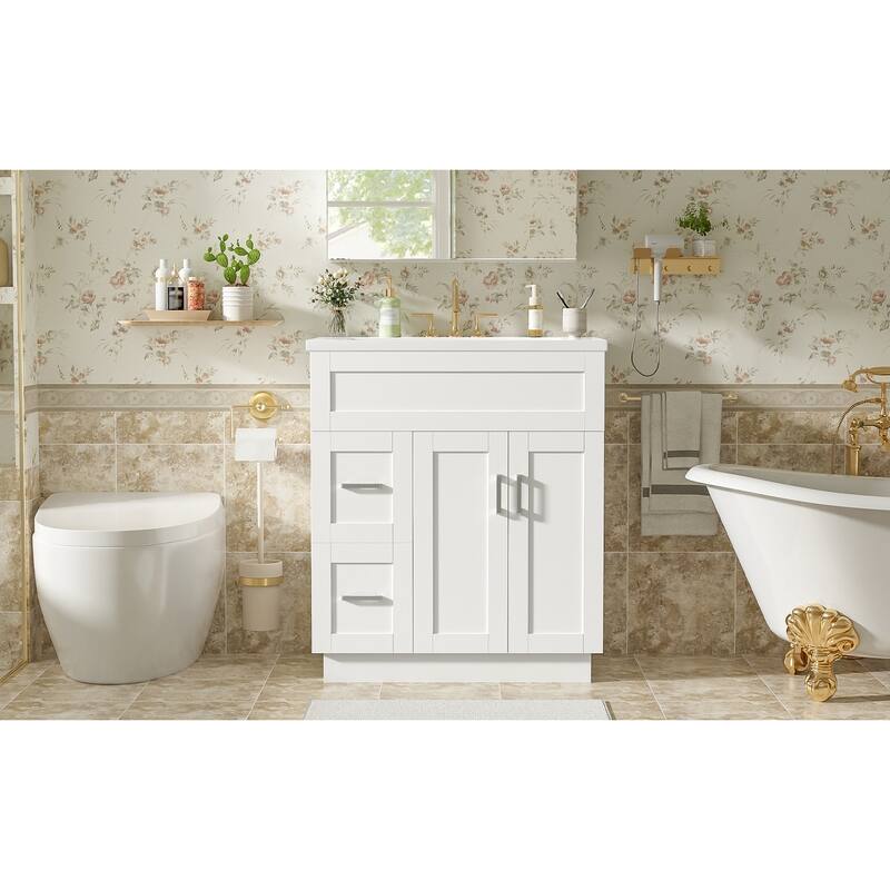 GDFStudio - Transitional Bathroom Vanity with Resin Sink, Adjustable Shelves, Soft-Close Doors & Hidden Drawers