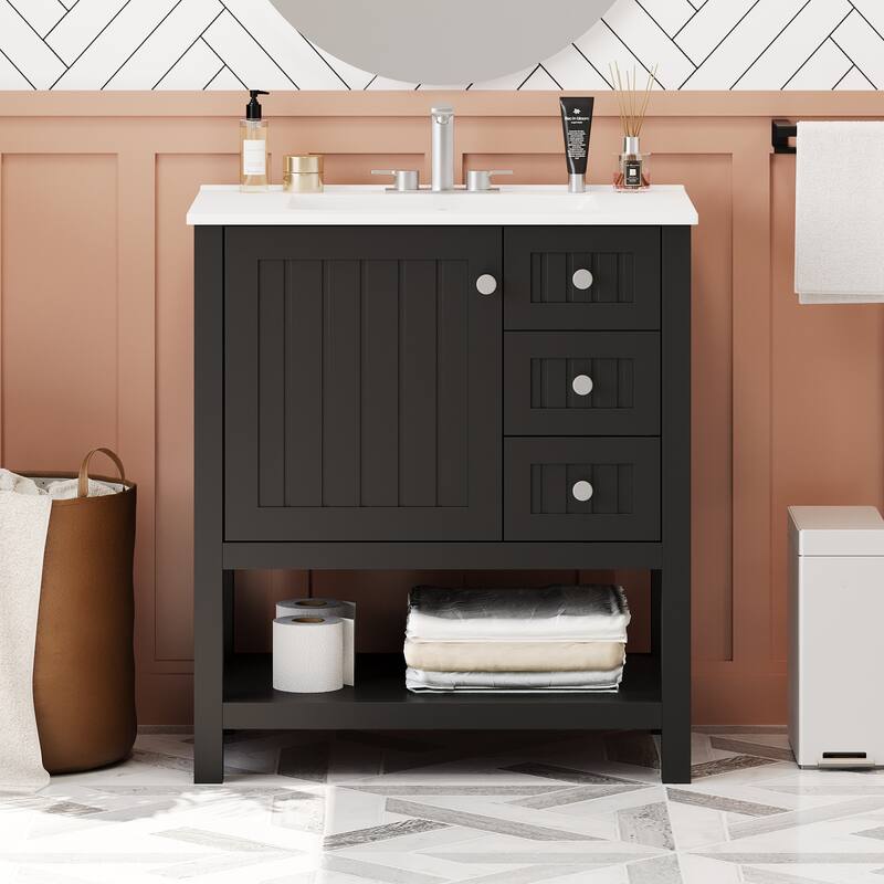 Bathroom Vanity Cabinet with Ceramic Sink - Black