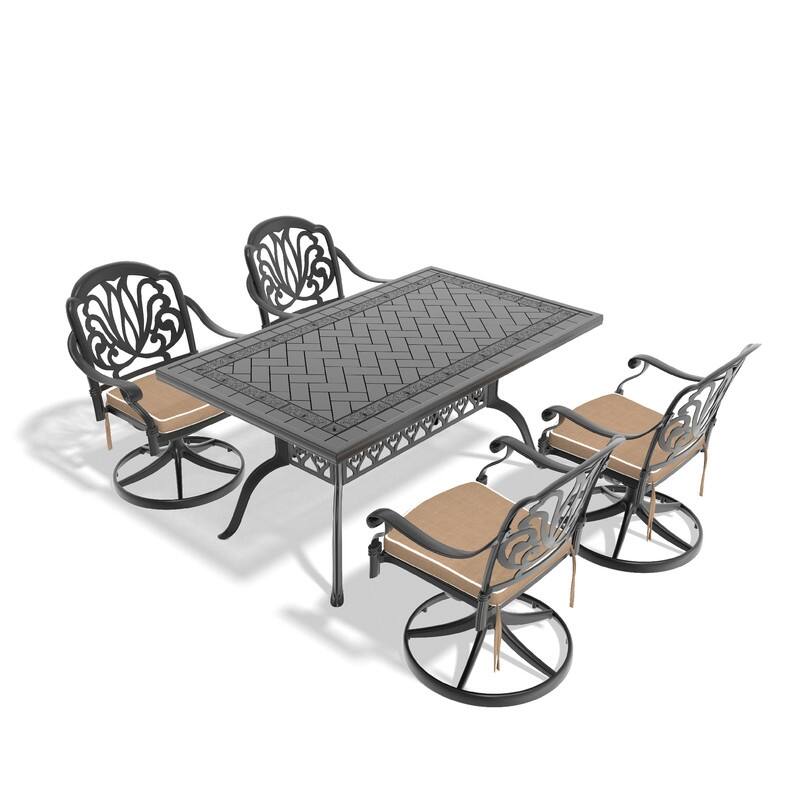 5-Piece Aluminum Rectangular Outdoor Patio Dining Set, 4 Cushioned Swivel Chairs, Table, All-Weather Frames