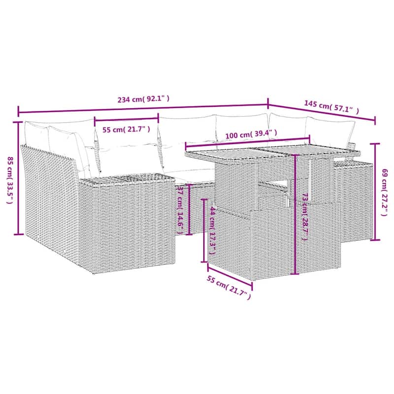 vidaXL Patio Sofa Set with Cushions Modular Lounge Sofas 7 Piece Poly Rattan - 21.7 x 39.4 x 28.7