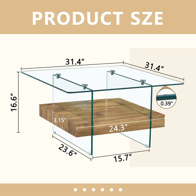 31.4 Inch Modern Two-Tier Square Coffee Table - An Elegant Combination of Clear Glass and Natural Wood Texture Sticker I