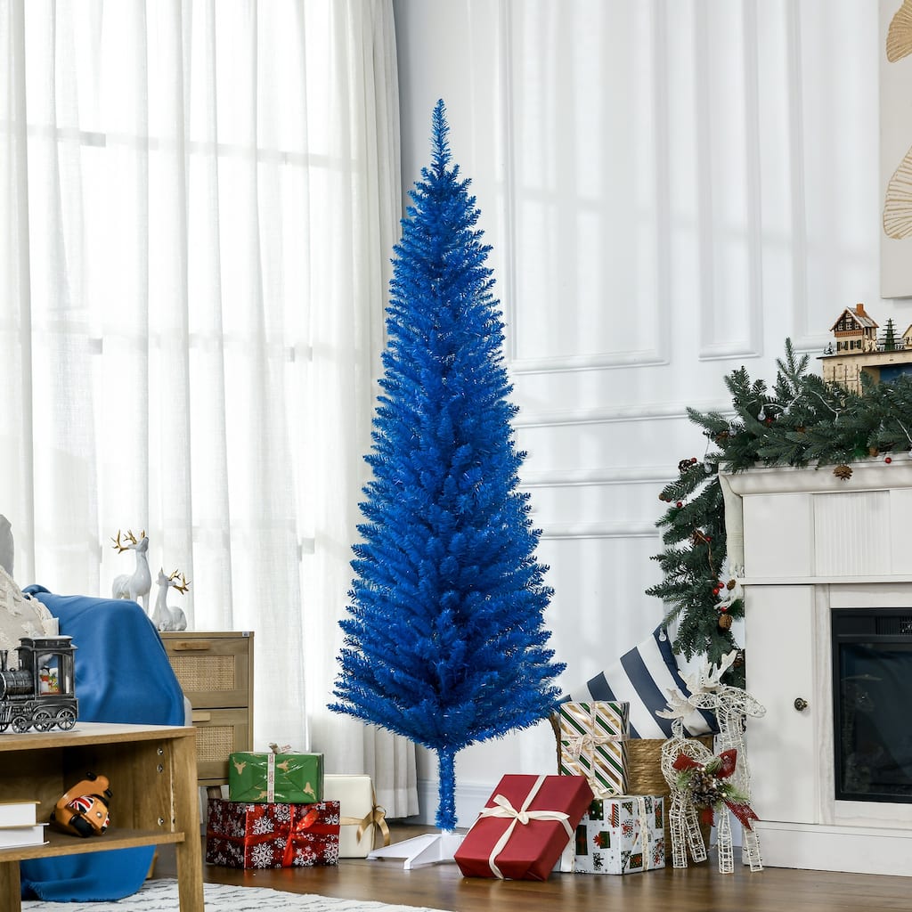 HOMCOM 6' Unlit Artificial Pencil Christmas Tree, Slim Xmas Tree with 390 Realistic Branch Tips and Plastic Stand, Blue