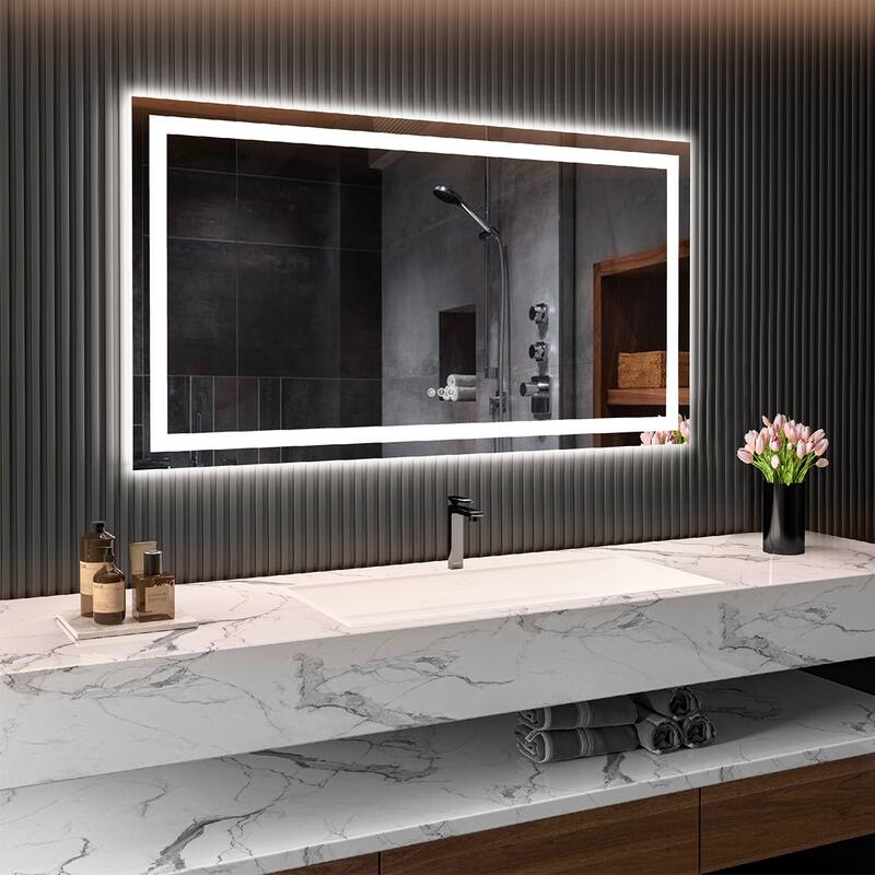 LED Bathroom Mirror with Lights 55x30, Lighted Vanity Mirror Wall Mounted with Front and Backlit - White - White