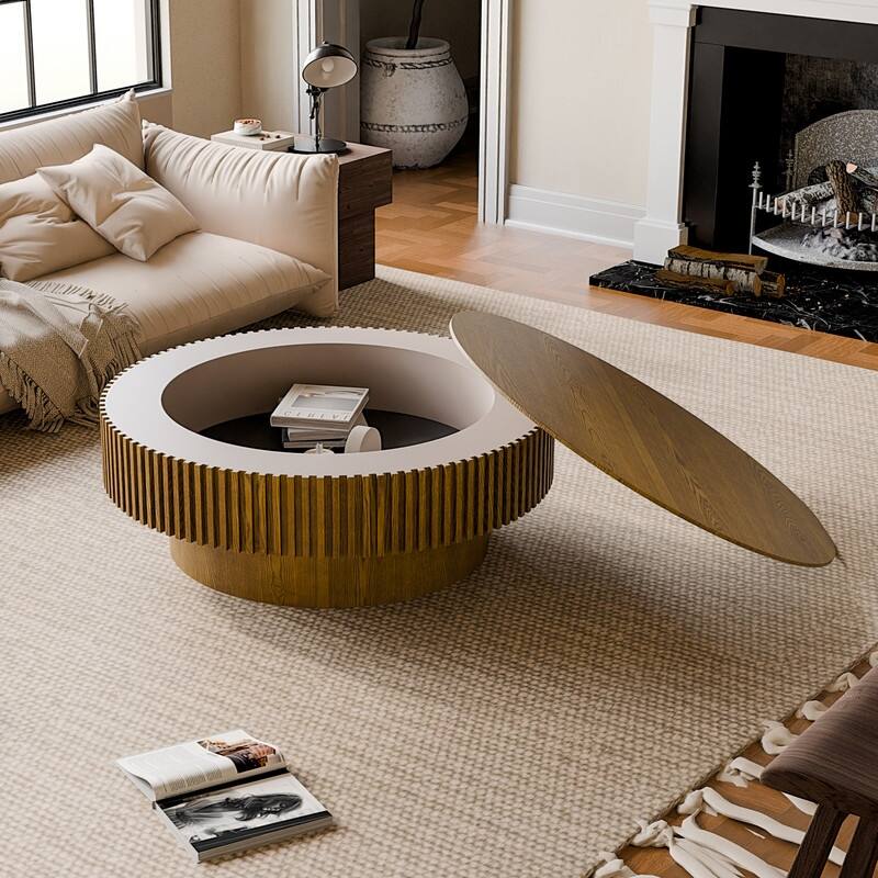 39.37" Round Coffee Table with Storage Solid Wood Veneered Modern Accent Table for Living Room or Bedroom