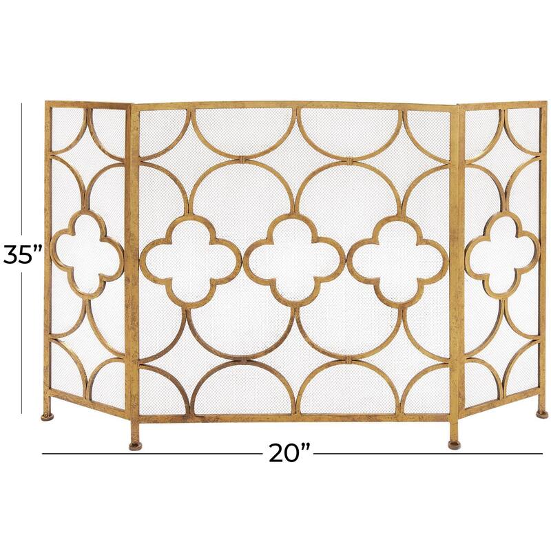 Metal Geometric Foldable Mesh Netting 3 Panel Fireplace Screen with Quatrefoil Design - Gold - Roche River Decor