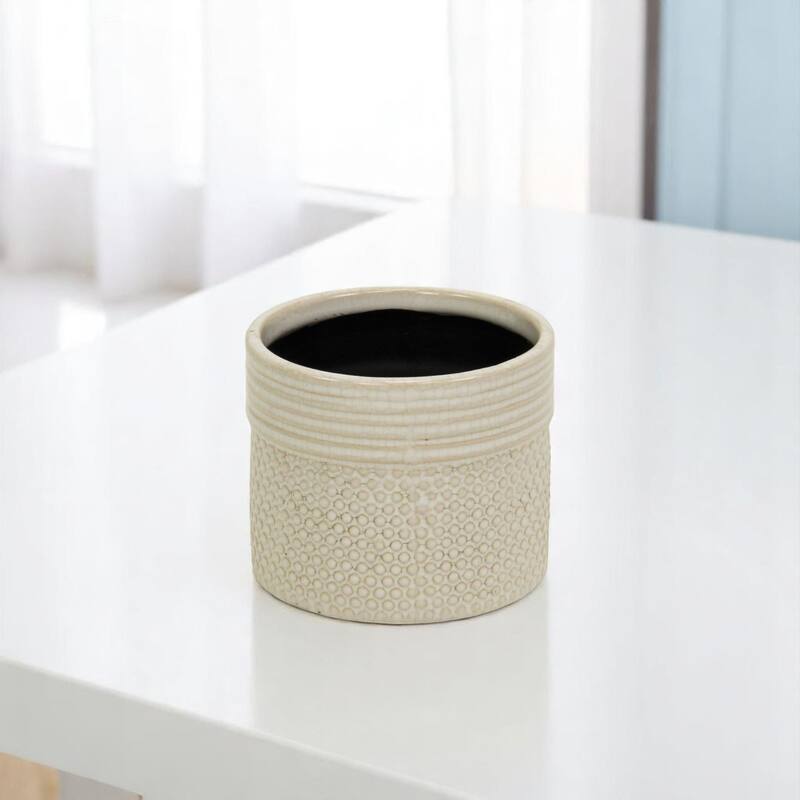 HomeRoots Off White Ceramic 25 Ounce Dotted Round Distressed Pot Planter - 4.50 in. x 3.75 in. x 4.50 in. - Off White - 4.50 in. x 3.75 in.  x 4.50 in.