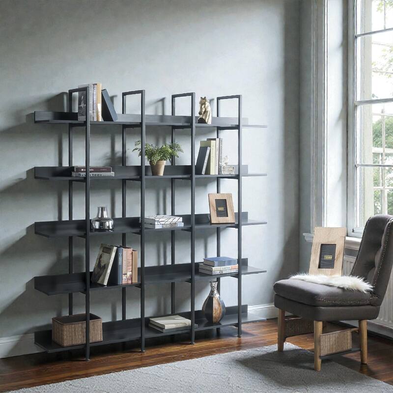 5 Tier Industrial Bookcase, Open Home Office Bookshelf with Metal Frame and MDF Shelves, Vintage Style