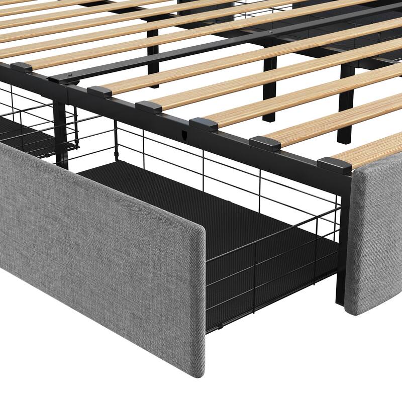 Light Grey Full Size Bed Frame with RGB LED Lights, 4 Storage Drawers & Headboard Shelves